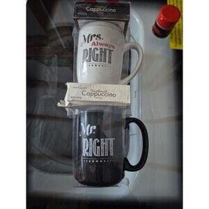 Bon Cafe Mr. Right & Mrs. Always Right Coffee Mugs & Cappuccino Mix Gift Set NEW